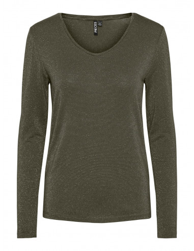 T-shirt-Pieces-BILLO LS V-NECK KAKI